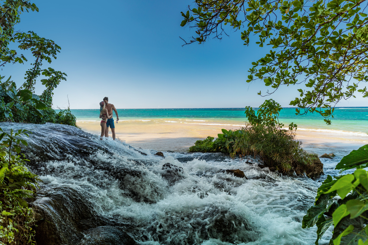 couple at Dunn's River Falls in Jamaica